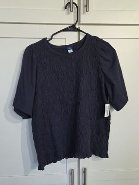 Old Navy Navy Short-Sleeve Smocked Crewneck Top